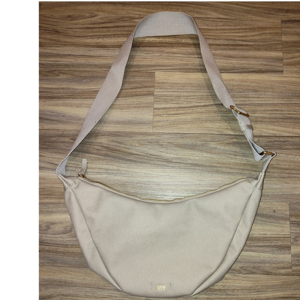 July Everyday Crossbody Bag Sand Beige Canvas Crescent Sling Bag Gold Hardware